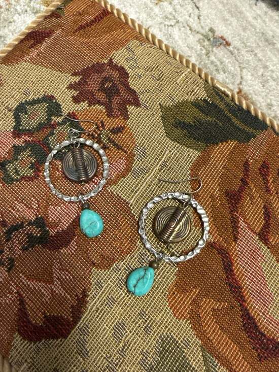 Handmade Jewelry - Handmade Mixed Metal Hoop Dangle Earrings with Turquoise Teardrops and Copper Sp